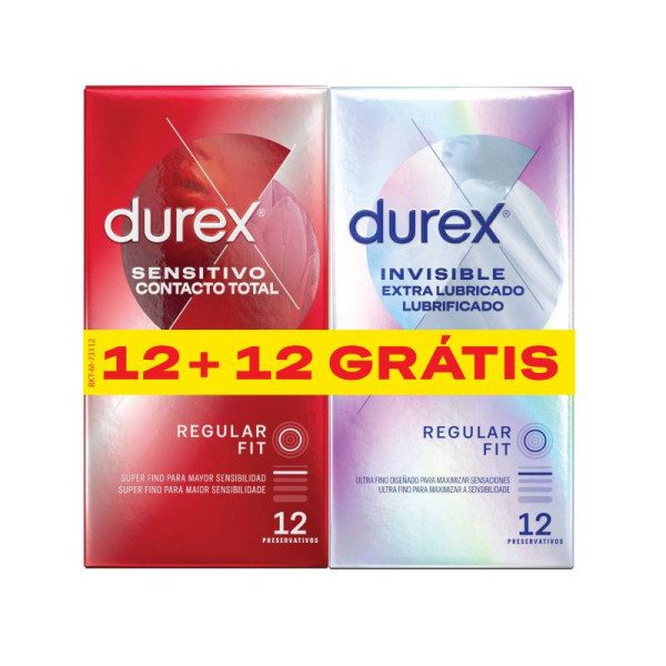 Durex Invisible Extra Lubrificado + Sensitivo Contacto Total 12+12