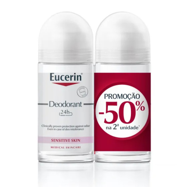 Eucerin Duo Desodorizante pele sensível 24h Roll on 2 x 50 ml com Desconto de 50% na 2ª Embalagem